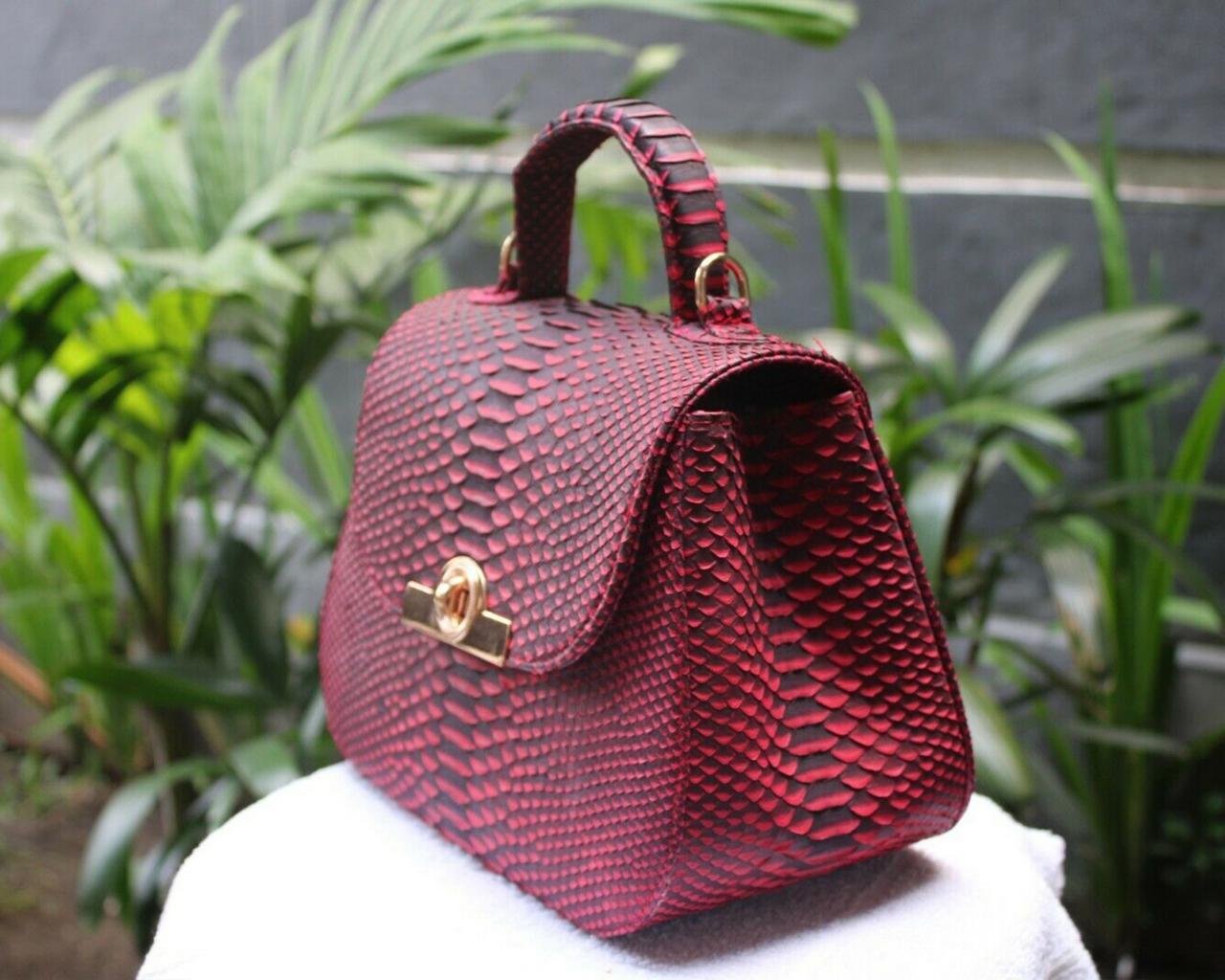 Red Python Snakeskin Leather Shoulder Top Handle Bag for Women