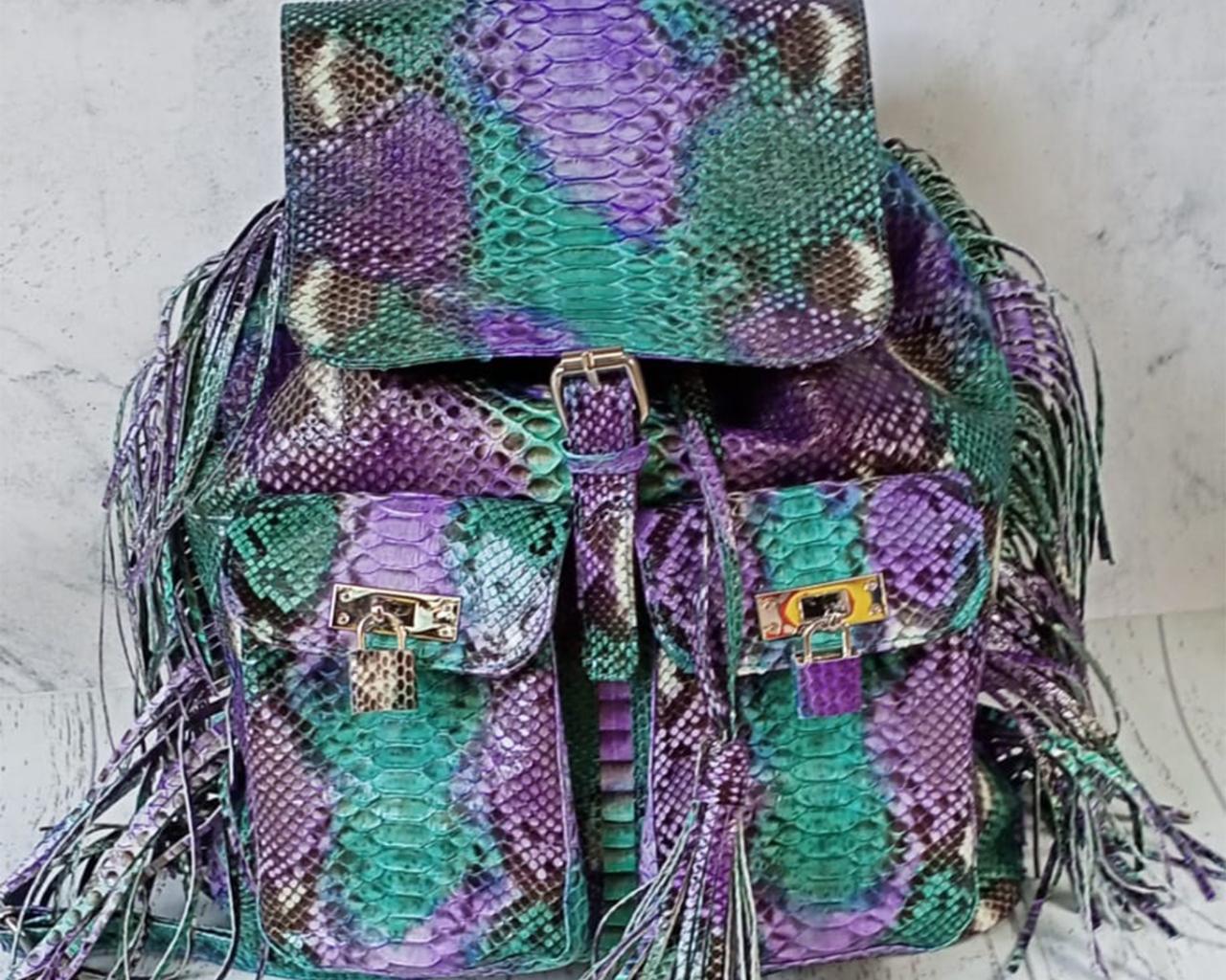 Purple Fringe Snakeskin Backpack for Women - Genuine Python Skin Leather
