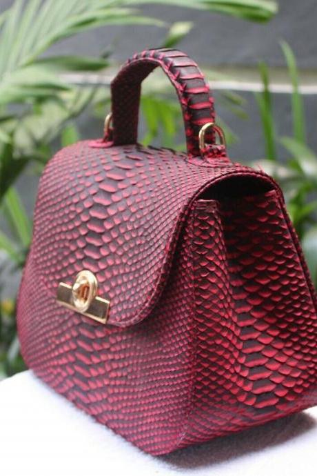 Red Python Snakeskin Leather Shoulder Top Handle Bag For Women