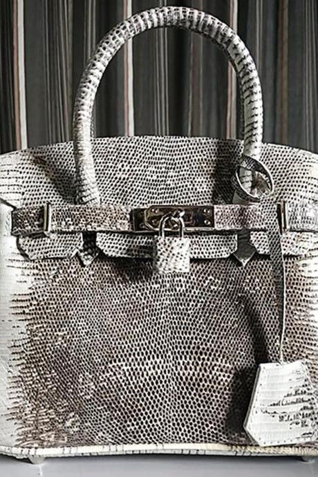 Natural/Silver Color of Lizard Leather Skin Women Purse Designer Handbag