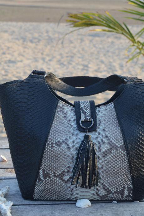 Vintage Black Snakeskin Totes Women Shoulder Bag Genuine Python Skin Leather
